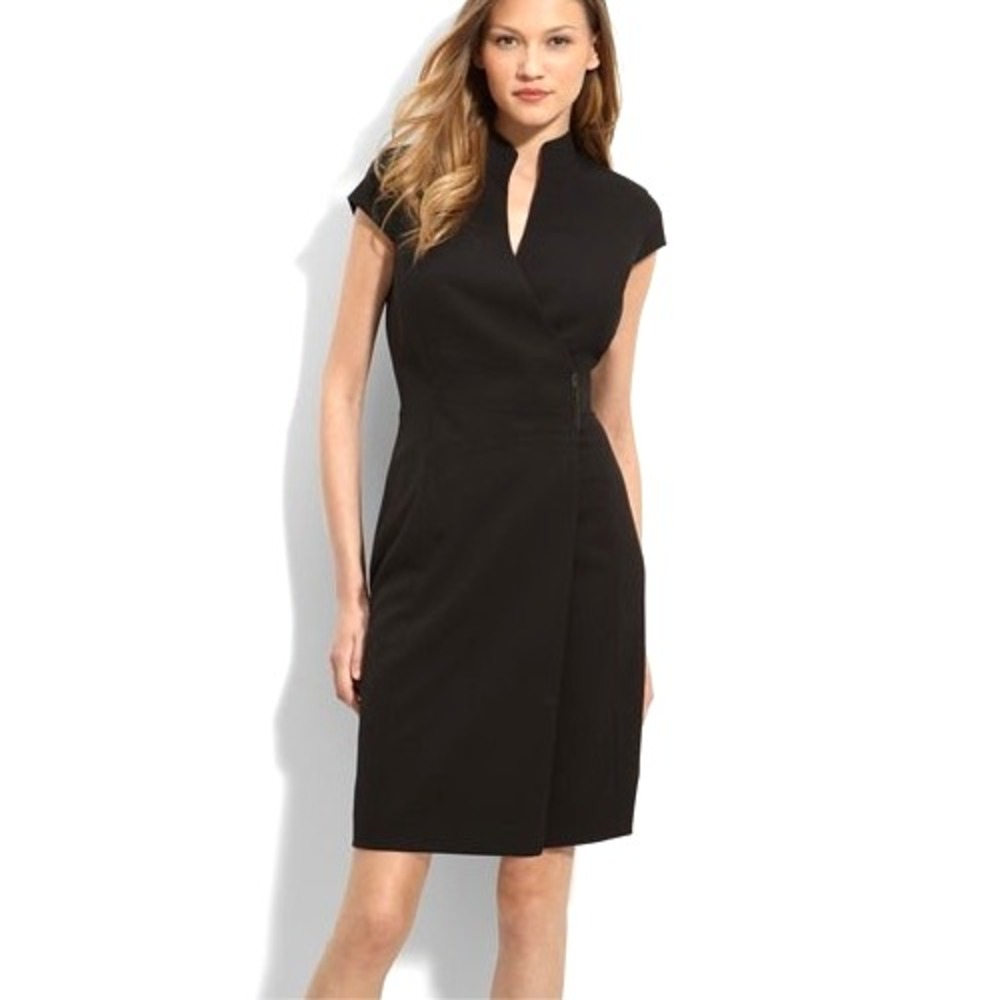 CALVIN KLEIN Black TWILL Snap/Button CAP SLEEVE V-Neck COCKTAIL SHEATH DRESS 4